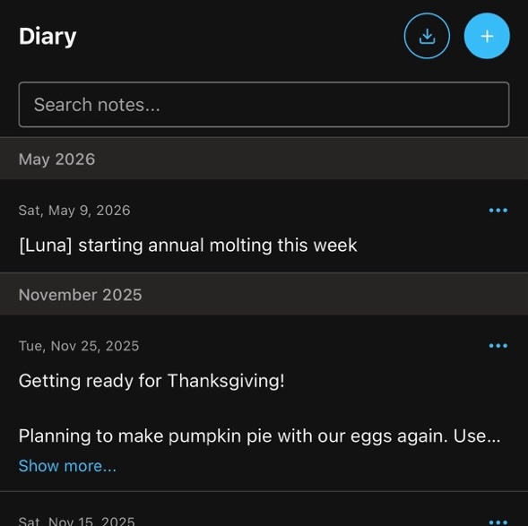 Backyarder diary notes screen